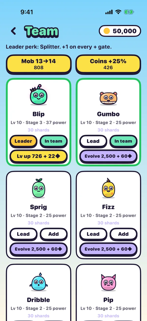 The jelly team screen with species to collect